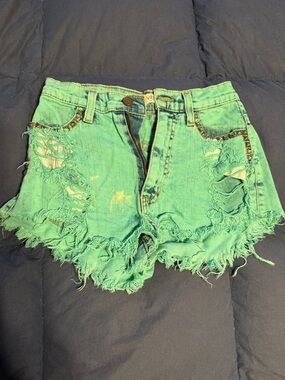 Distressed Green Denim Cutoff Shorts - Women's